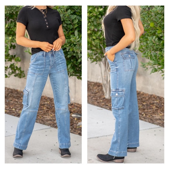 Judy Blue Denim - Judy Blue Allison Jeans High Rise Wide Leg Cargo Utility Stretchy Baggy Sz 7/28
